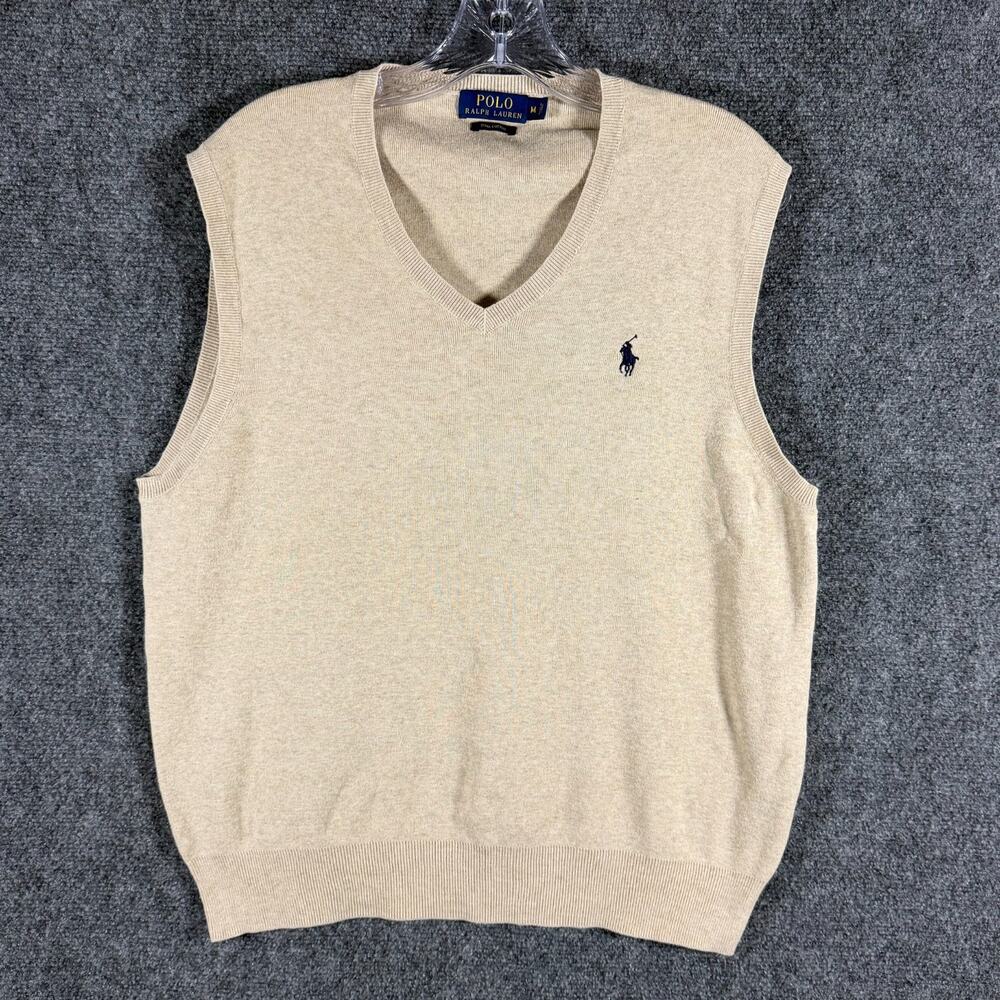 Polo Ralph Lauren Sweater Vest Mens Medium Beige Pima Cotton V-Neck Knit Golf